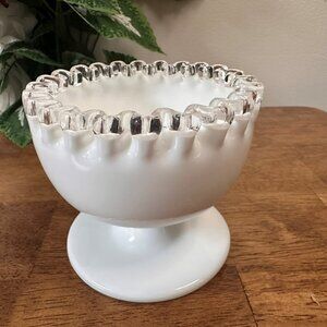 Fenton Silver Crest Crimped White Milk Glass Pedestal Bowl Vintage Wedding Decor